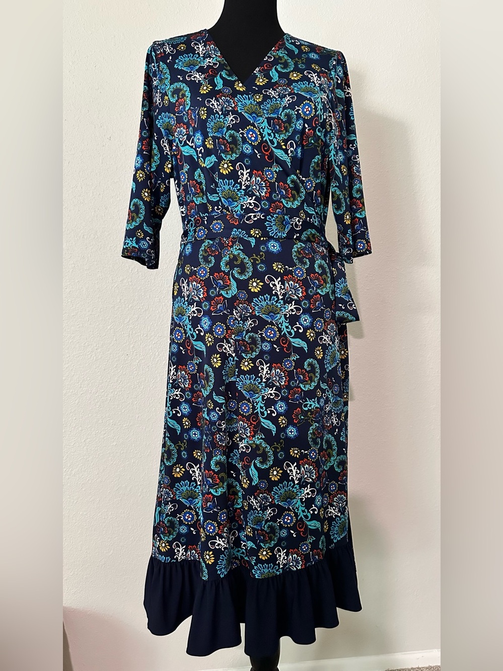 KIYONNA Navy Blue Paisley Ruffle Faux Wrap Maxi Dress Size 1 Plus 0X 14 16